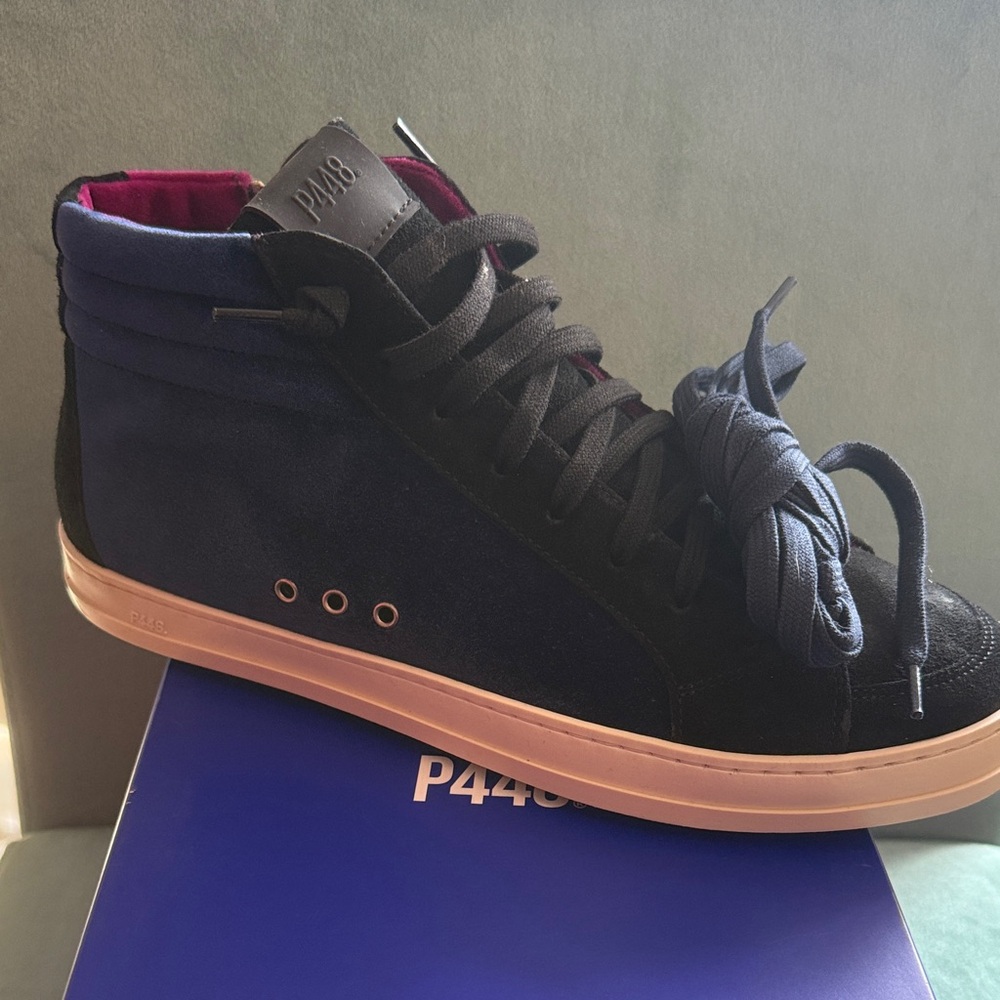 P448 women’s High-Top Sneaker in Navy, Black, and Magenta Velvet & extra laces